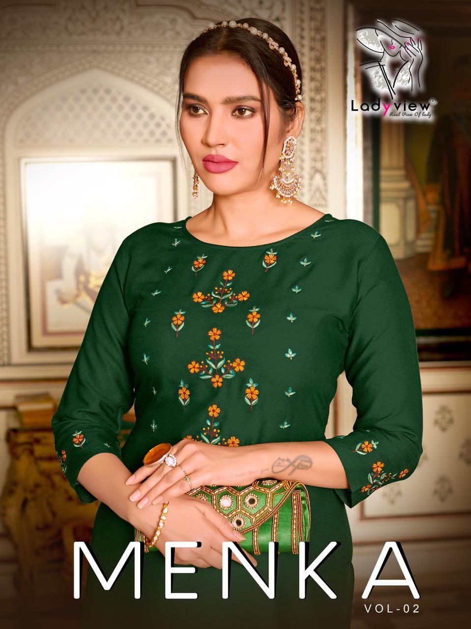 ladyview menka vol 2 rayon catchy look kurti with pant catalog