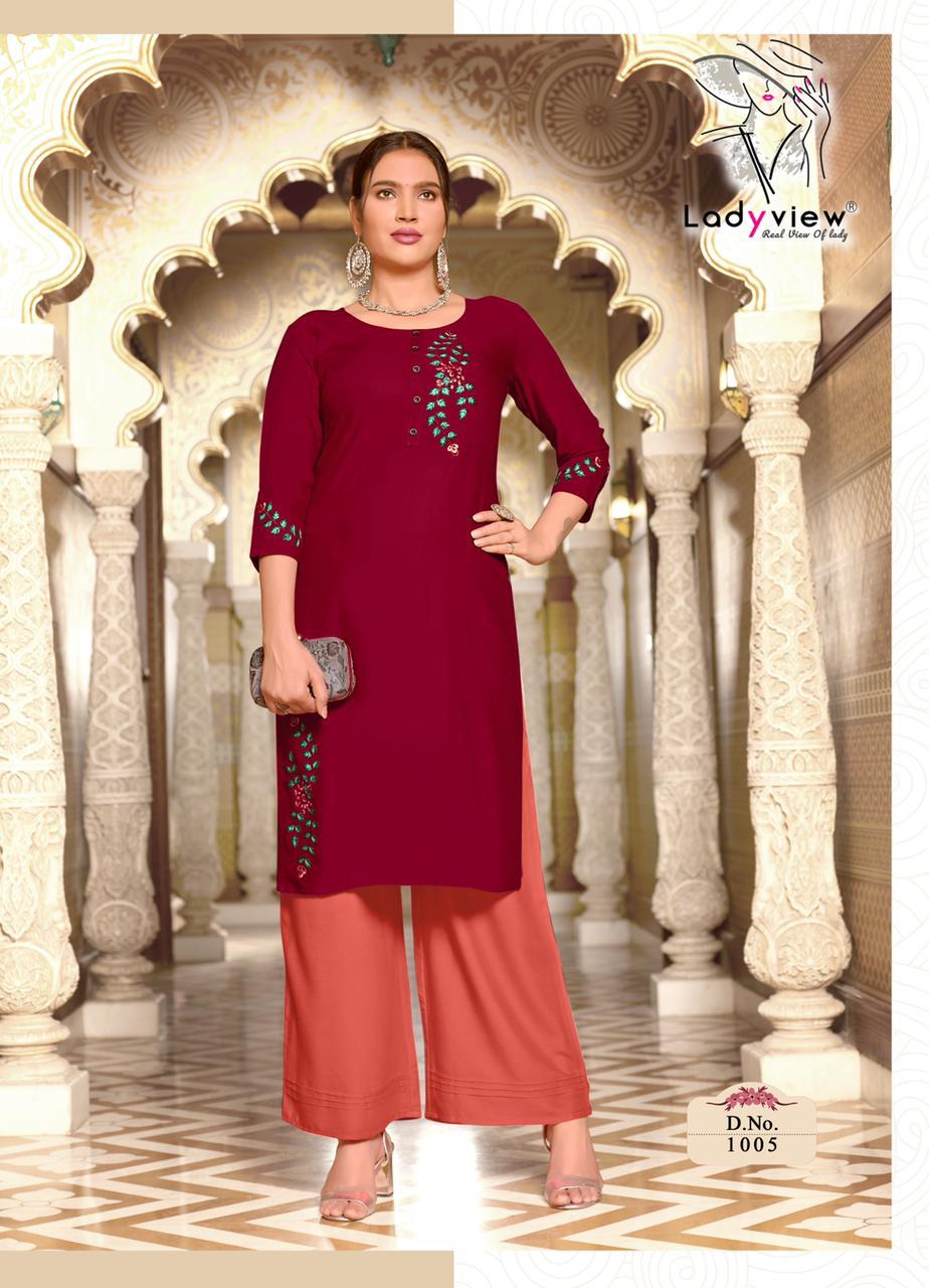 ladyview menka vol 2 rayon catchy look kurti with pant catalog