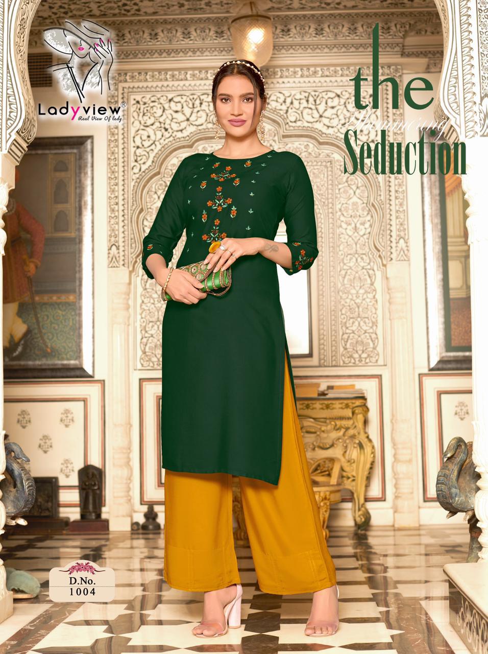 ladyview menka vol 2 rayon catchy look kurti with pant catalog