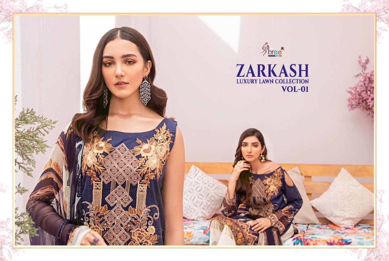 shree fab zarkash luxury lawn collection vol 01 gorgeous look salwar suit with cotton dupatta catalog