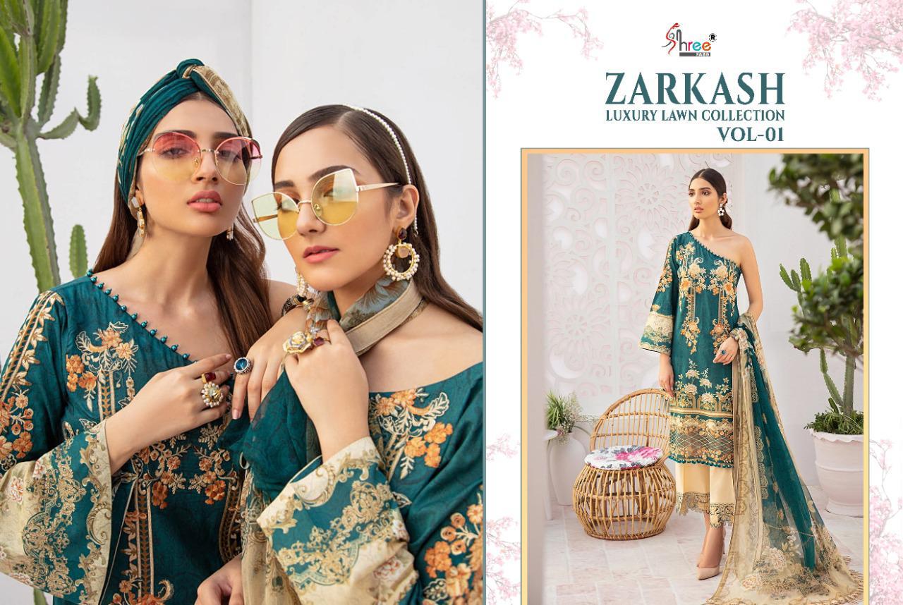 shree fab zarkash luxury lawn collection vol 01 gorgeous look salwar suit with cotton dupatta catalog