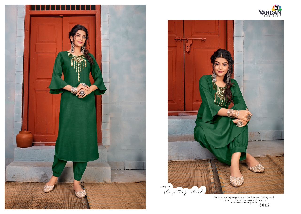 vardan designer Jhumka Vol 1 rayon decent embroidary look kurti with pant catalog