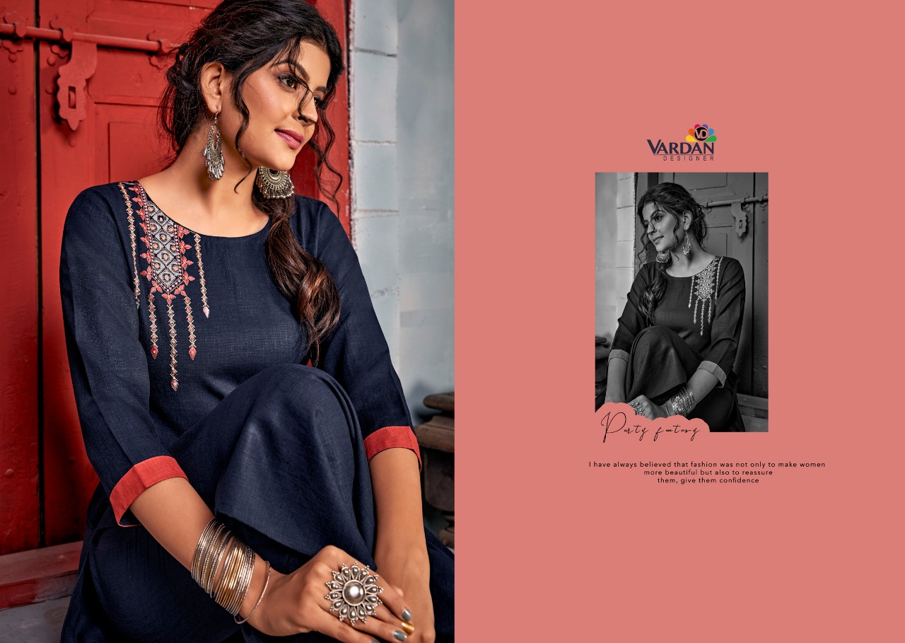 vardan designer Jhumka Vol 1 rayon decent embroidary look kurti with pant catalog