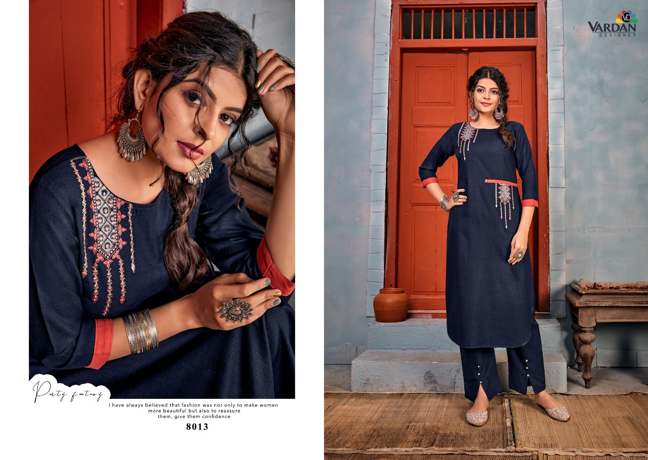 vardan designer Jhumka Vol 1 rayon decent embroidary look kurti with pant catalog