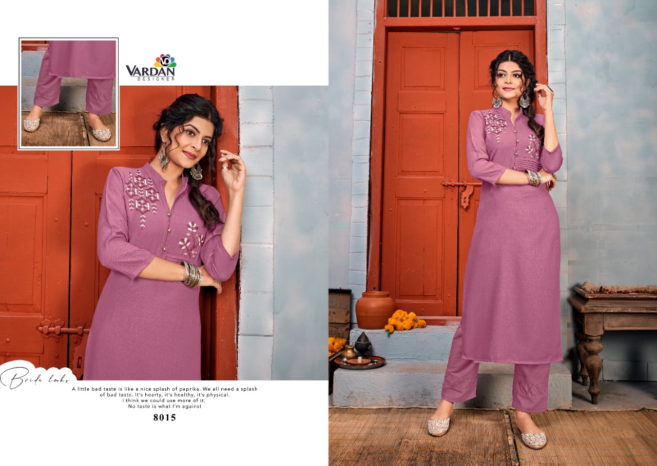 vardan designer Jhumka Vol 1 rayon decent embroidary look kurti with pant catalog