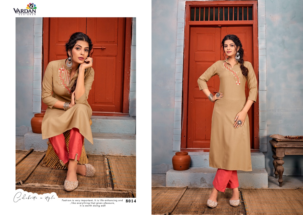 vardan designer Jhumka Vol 1 rayon decent embroidary look kurti with pant catalog