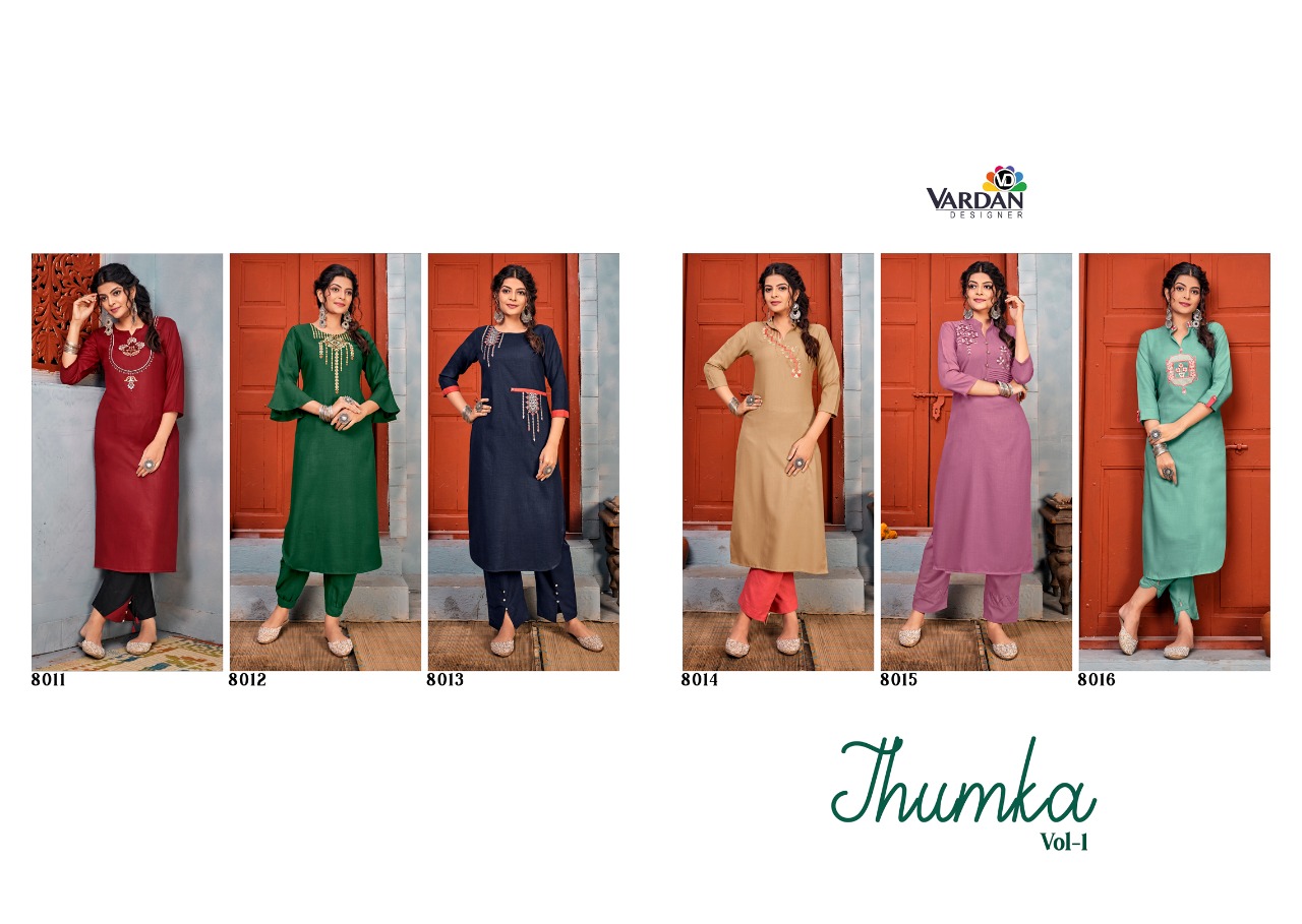 vardan designer Jhumka Vol 1 rayon decent embroidary look kurti with pant catalog