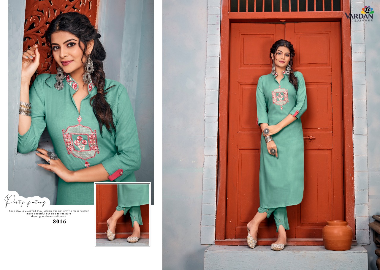 vardan designer Jhumka Vol 1 rayon decent embroidary look kurti with pant catalog