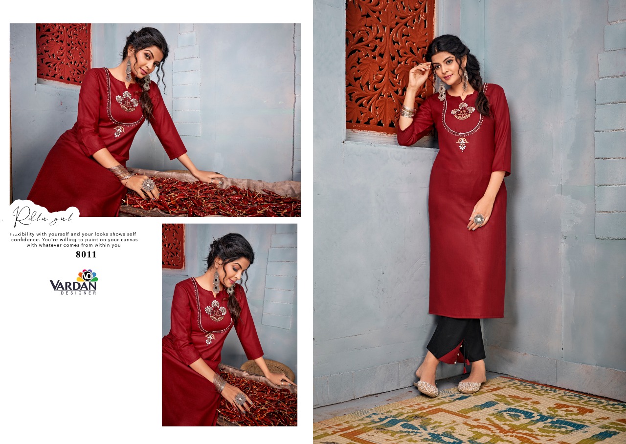 vardan designer Jhumka Vol 1 rayon decent embroidary look kurti with pant catalog