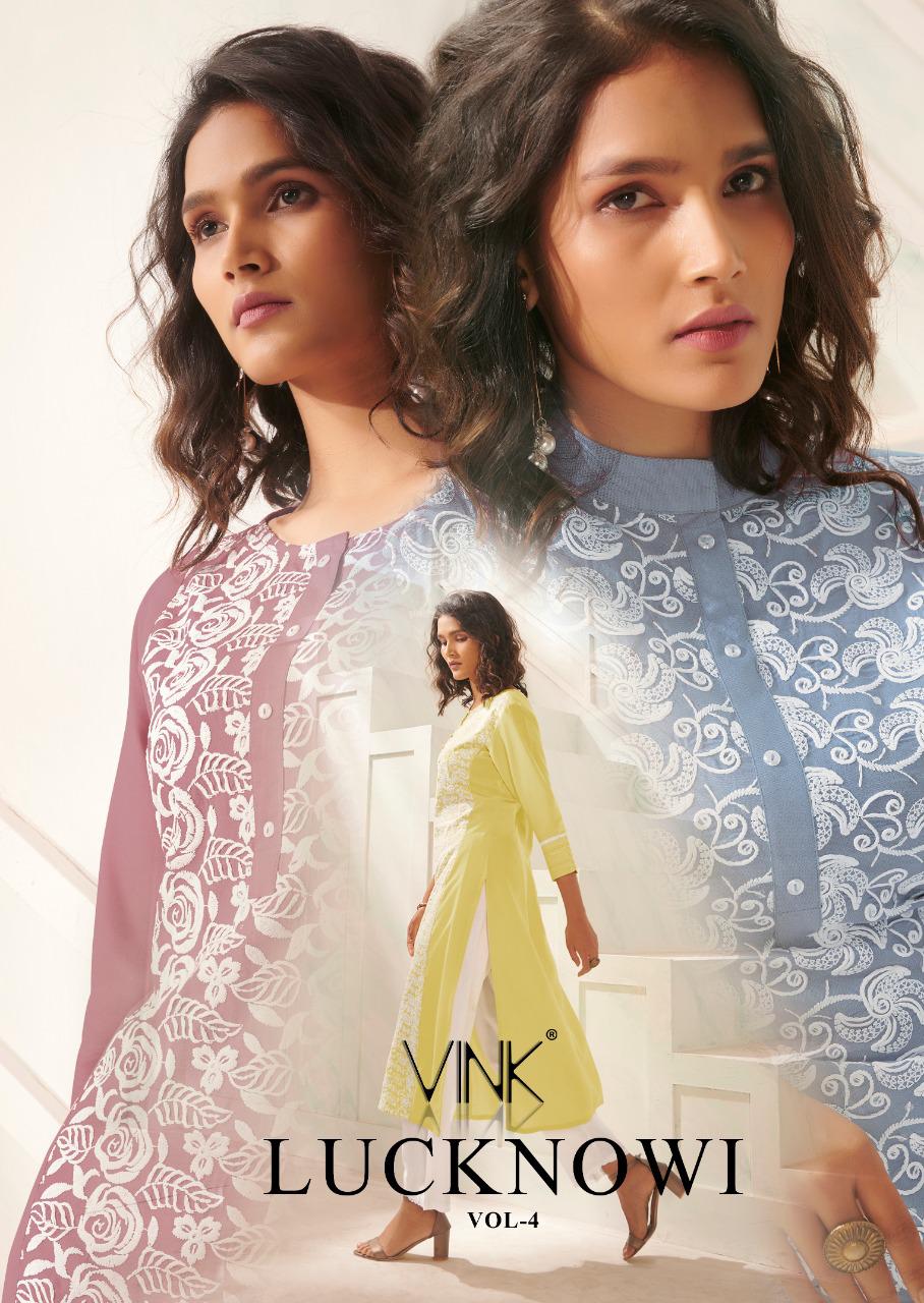 vink lucknowi vol 4 rayon exclusive lucknowi work kurta with pant catalog