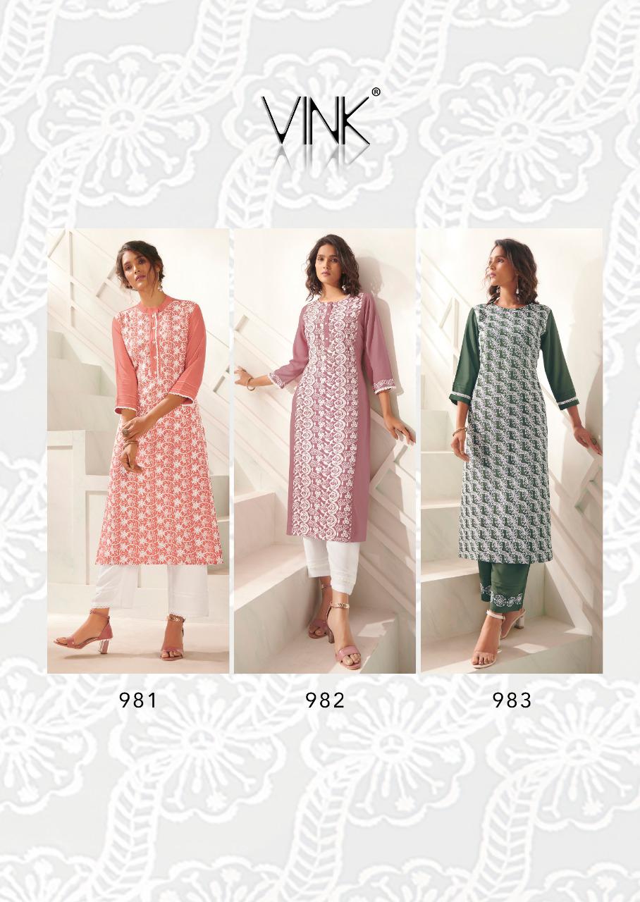 vink lucknowi vol 4 rayon exclusive lucknowi work kurta with pant catalog