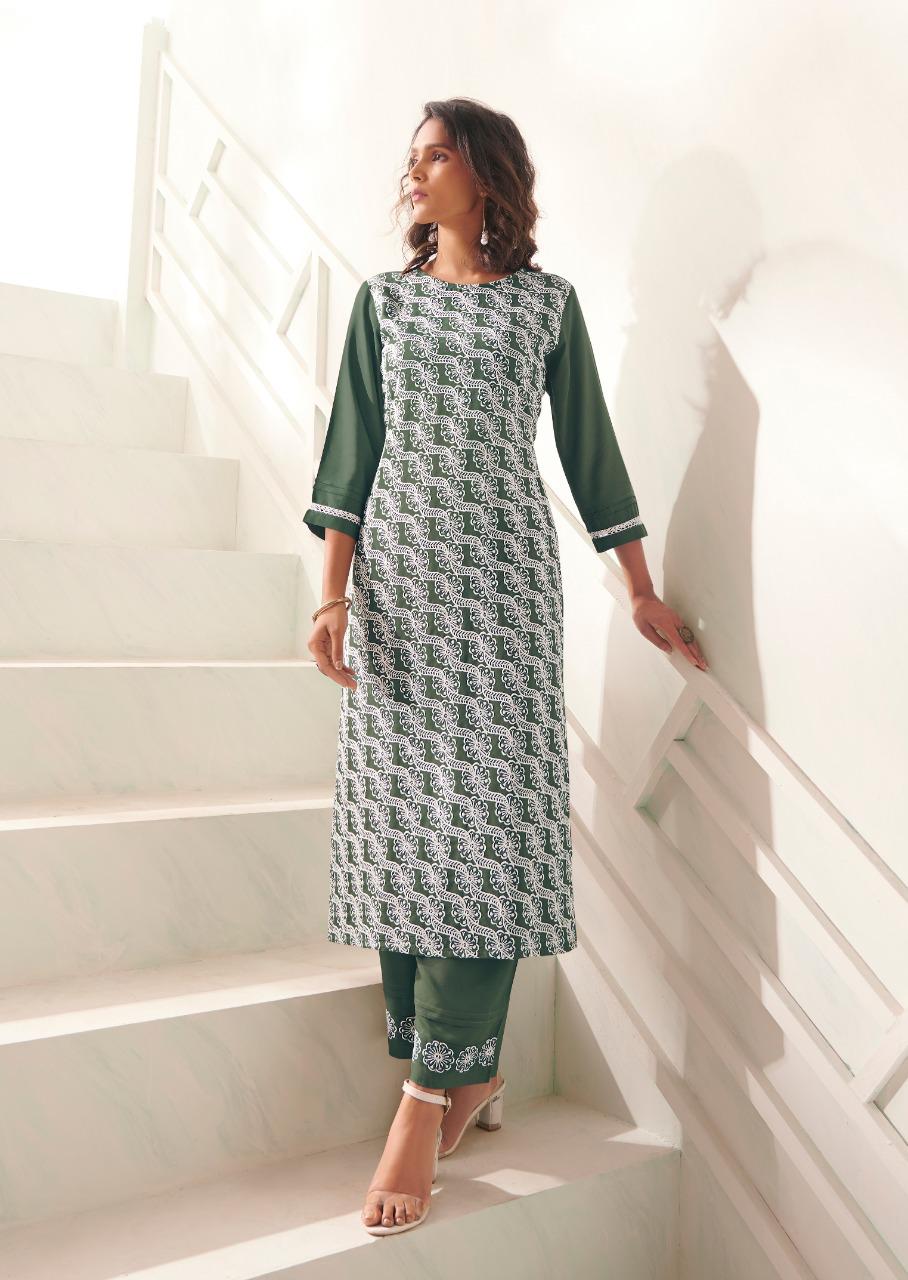 vink lucknowi vol 4 rayon exclusive lucknowi work kurta with pant catalog