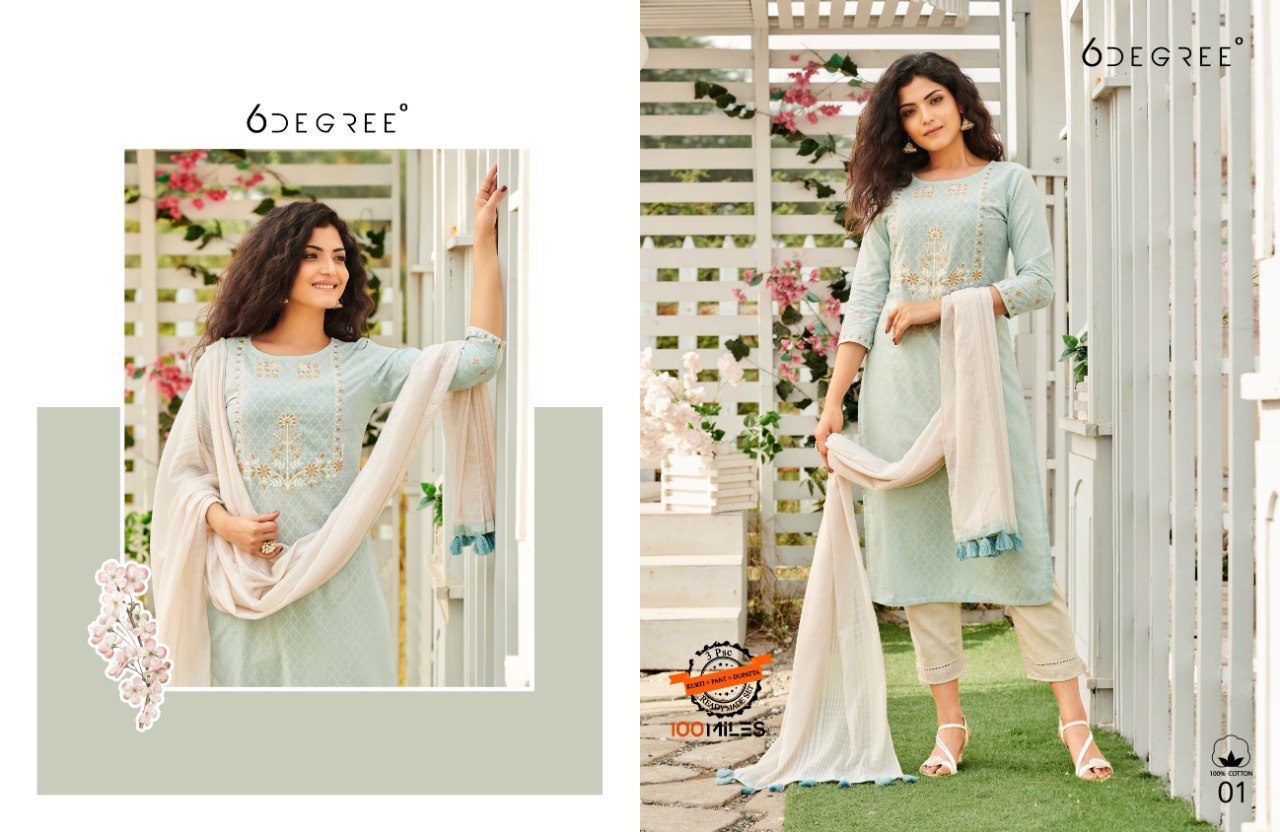 100 miles 6 degree cotton regal look kurti with pants and dupatta catalog