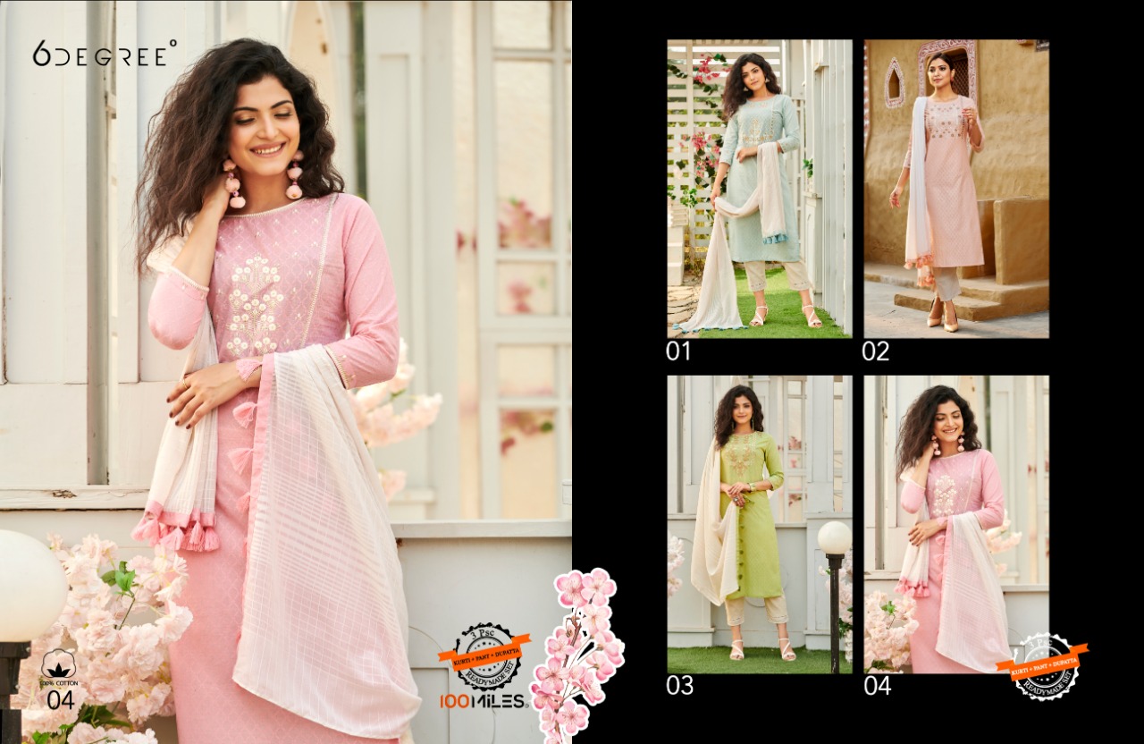 100 miles 6 degree cotton regal look kurti with pants and dupatta catalog