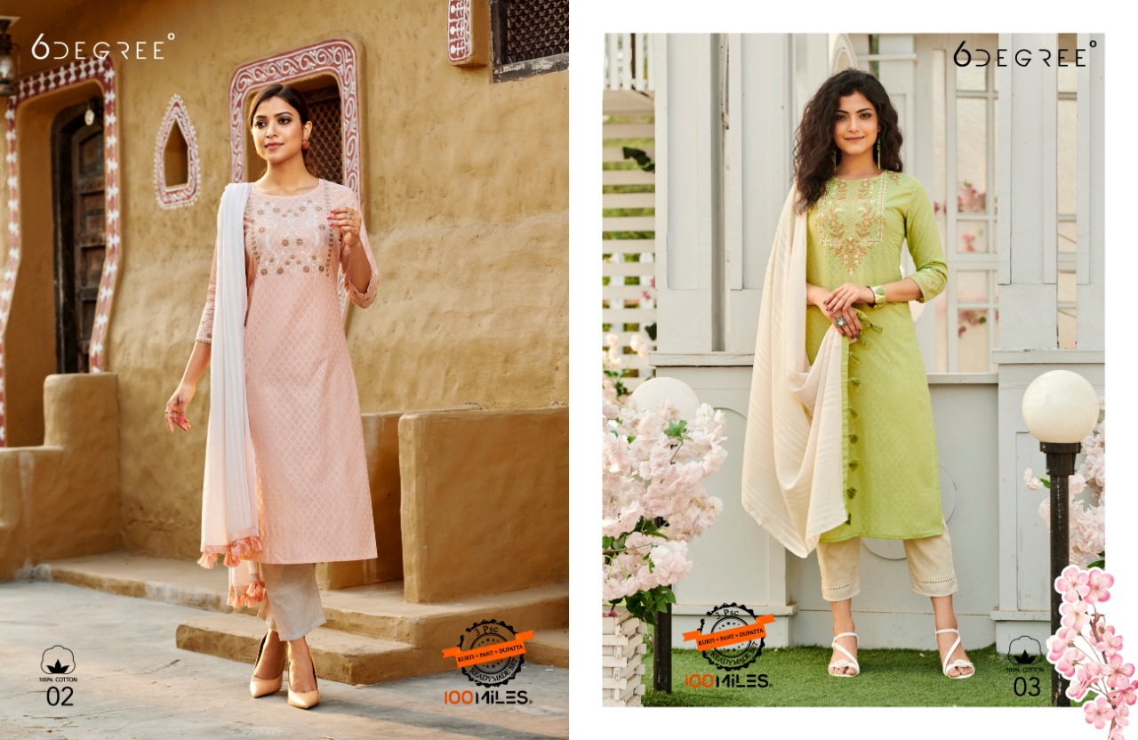 100 miles 6 degree cotton regal look kurti with pants and dupatta catalog