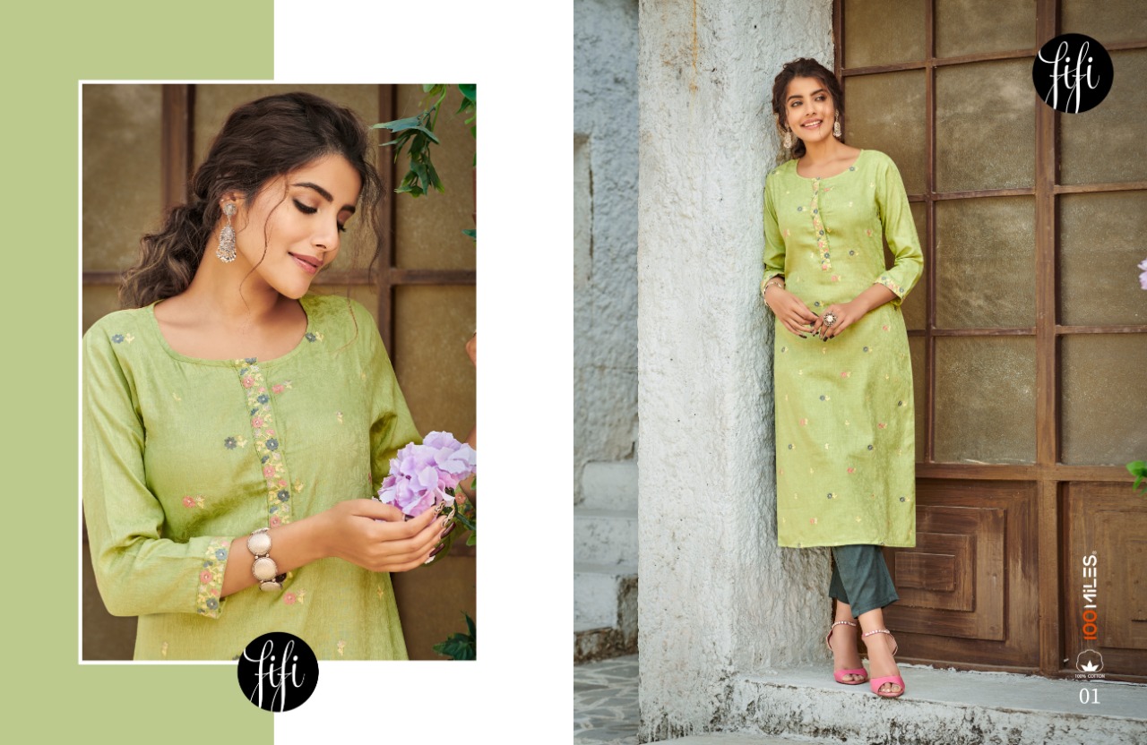 100 Miles fifi cotton decent embroidary look  kurti catalog