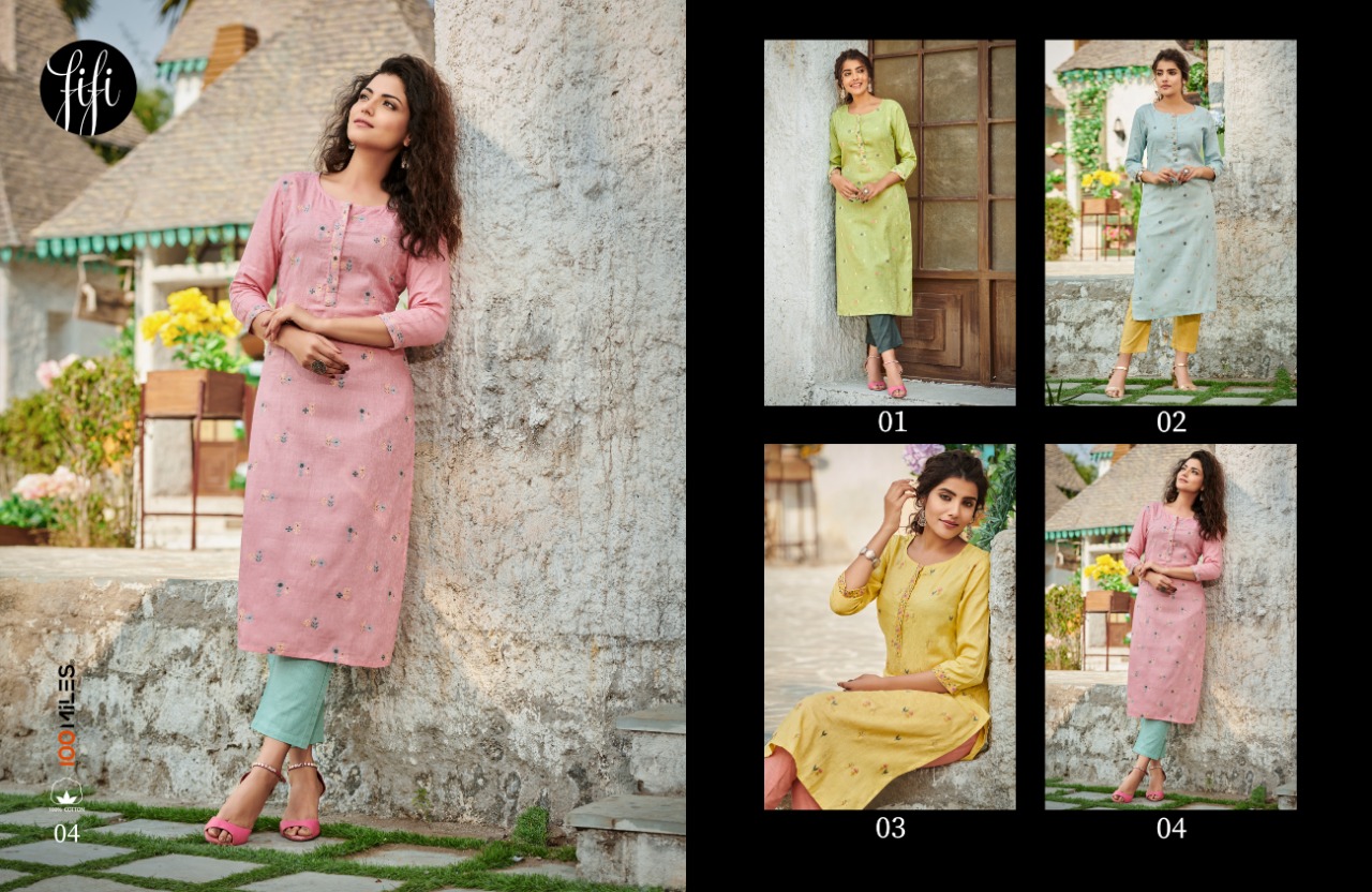 100 Miles fifi cotton decent embroidary look  kurti catalog