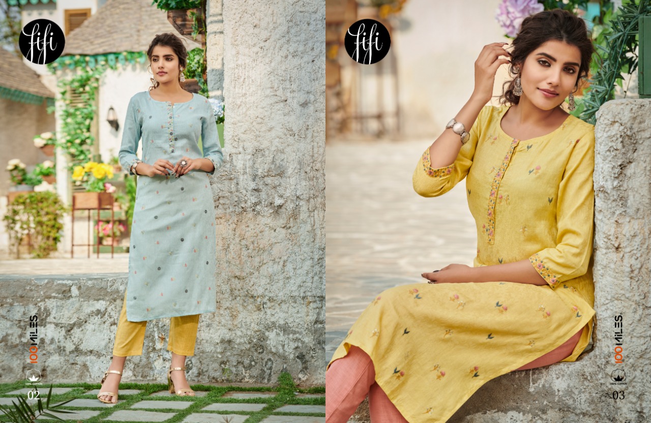 100 Miles fifi cotton decent embroidary look  kurti catalog