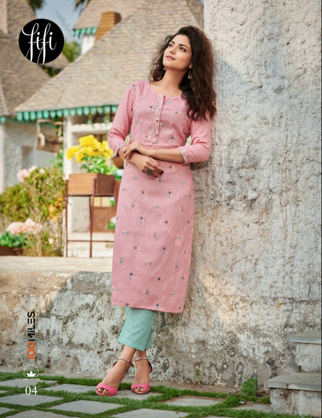 100 Miles fifi cotton decent embroidary look  kurti catalog