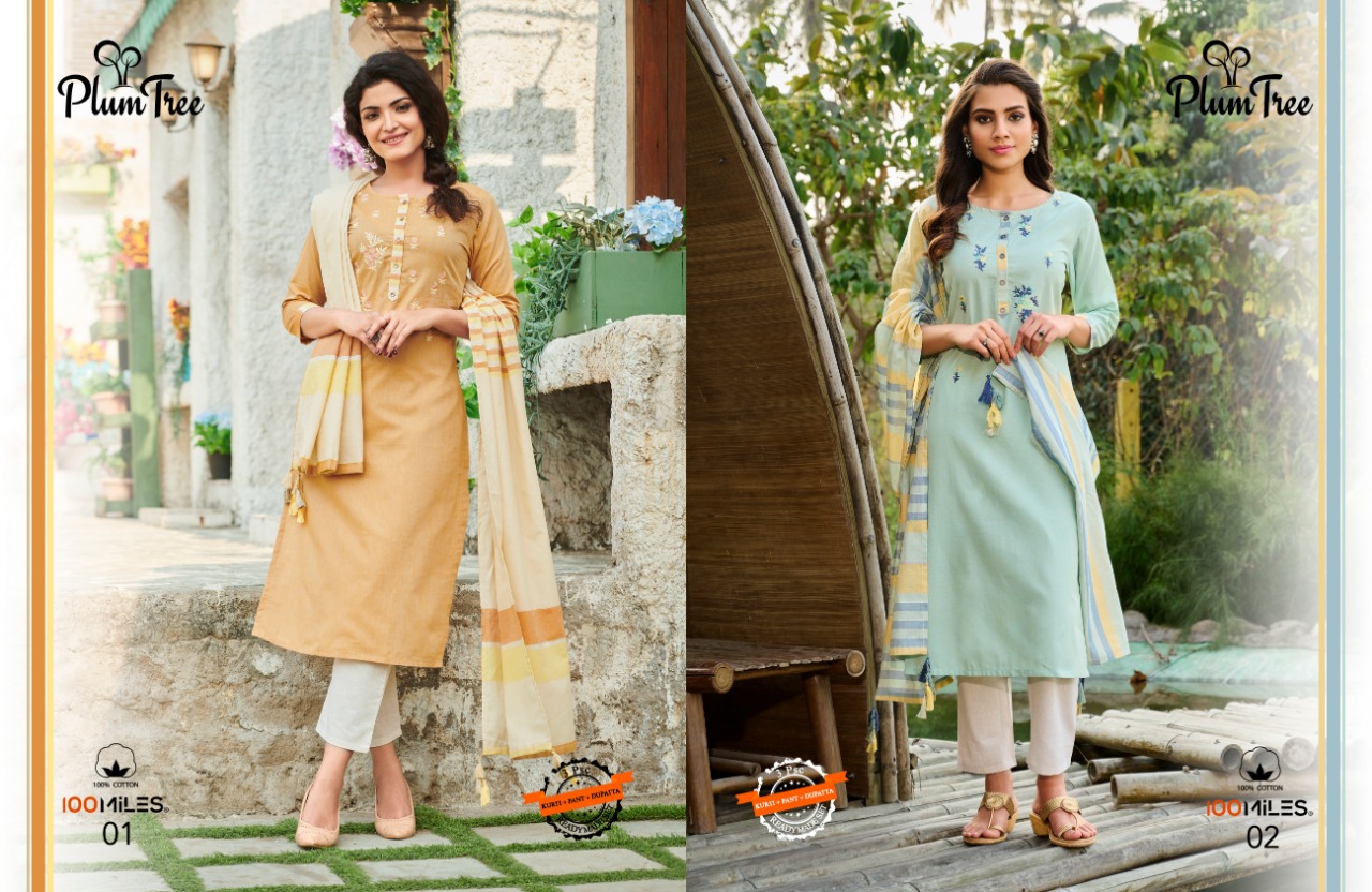 100 miles plumtree cotton gorgeous look kurti with pant and dupatta catalog