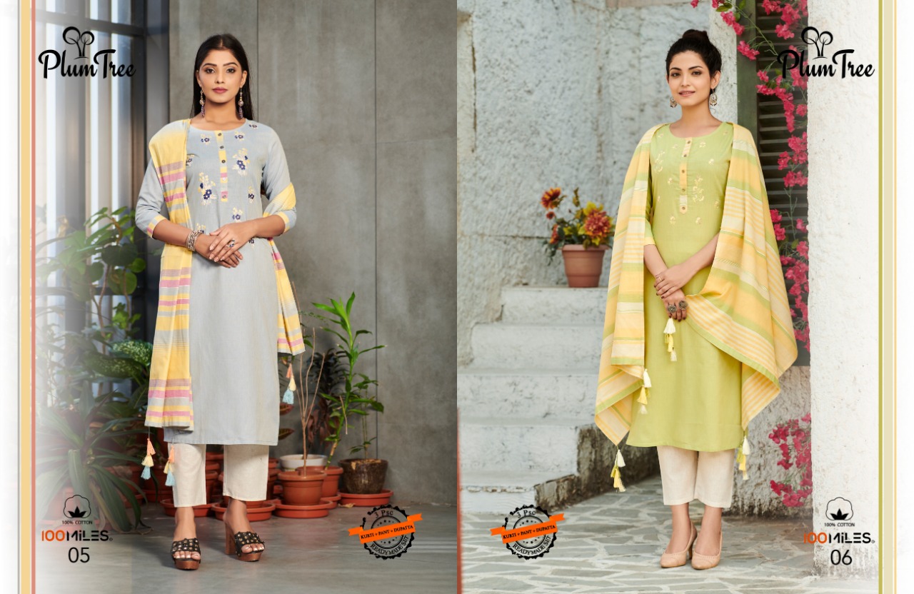 100 miles plumtree cotton gorgeous look kurti with pant and dupatta catalog