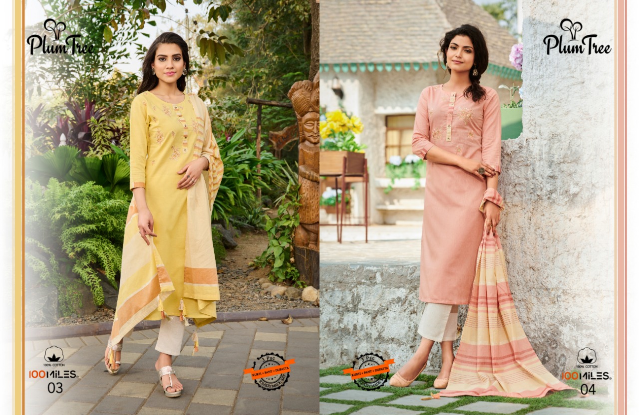 100 miles plumtree cotton gorgeous look kurti with pant and dupatta catalog