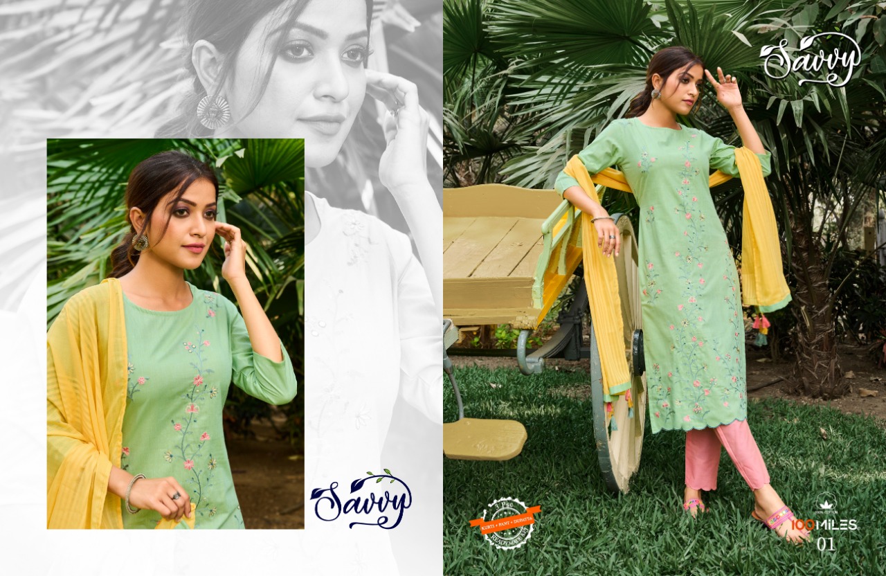 100 miles savvy cotton regal look kurti with pants and dupatta catalog