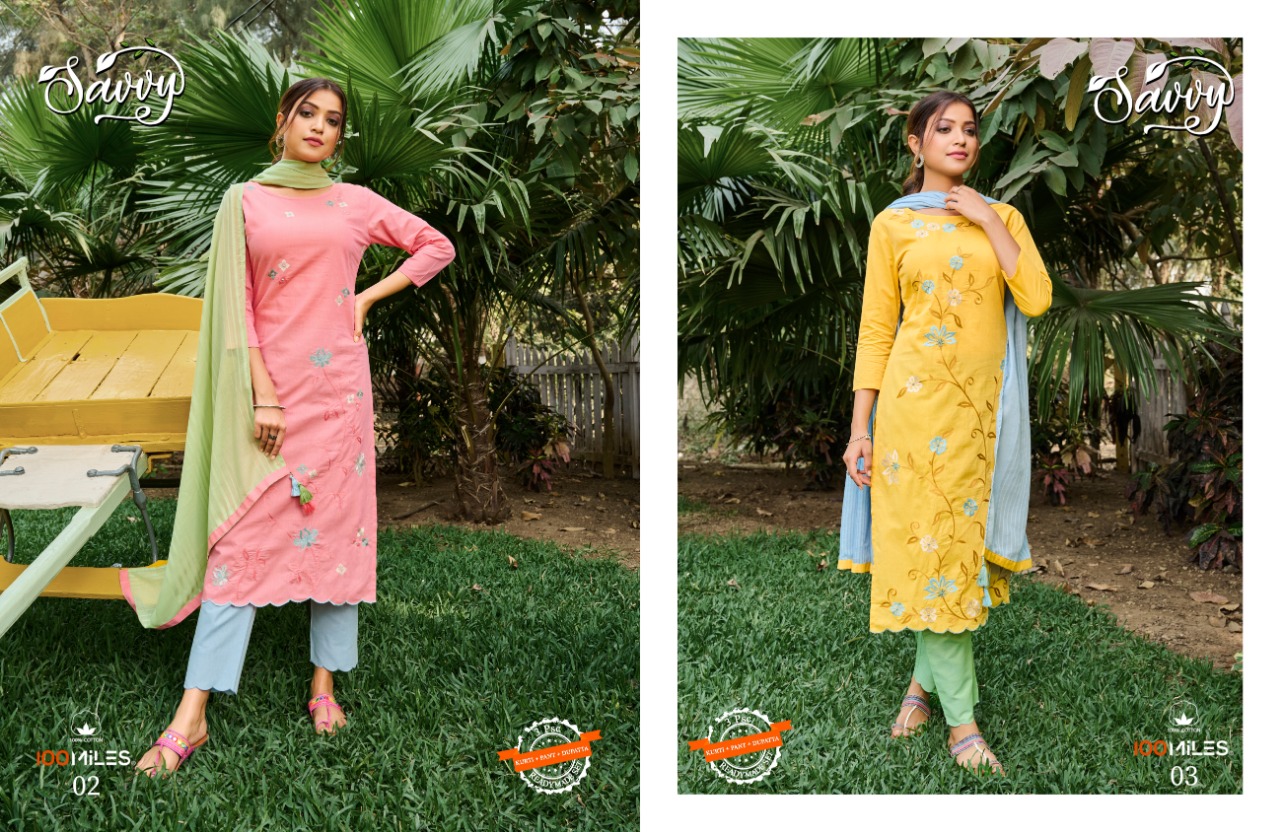 100 miles savvy cotton regal look kurti with pants and dupatta catalog