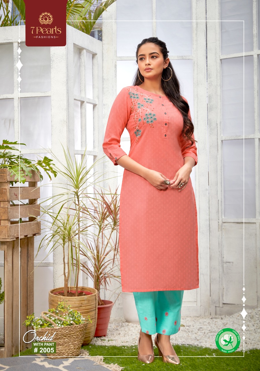 7 pearls orchid cotton authentic fabric kurti with pant catalog