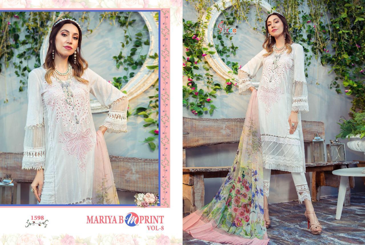 shree fab mariya b m print vol 8 pure cambric lawn attrective colours and print siffon dupatta salwar suit catalog