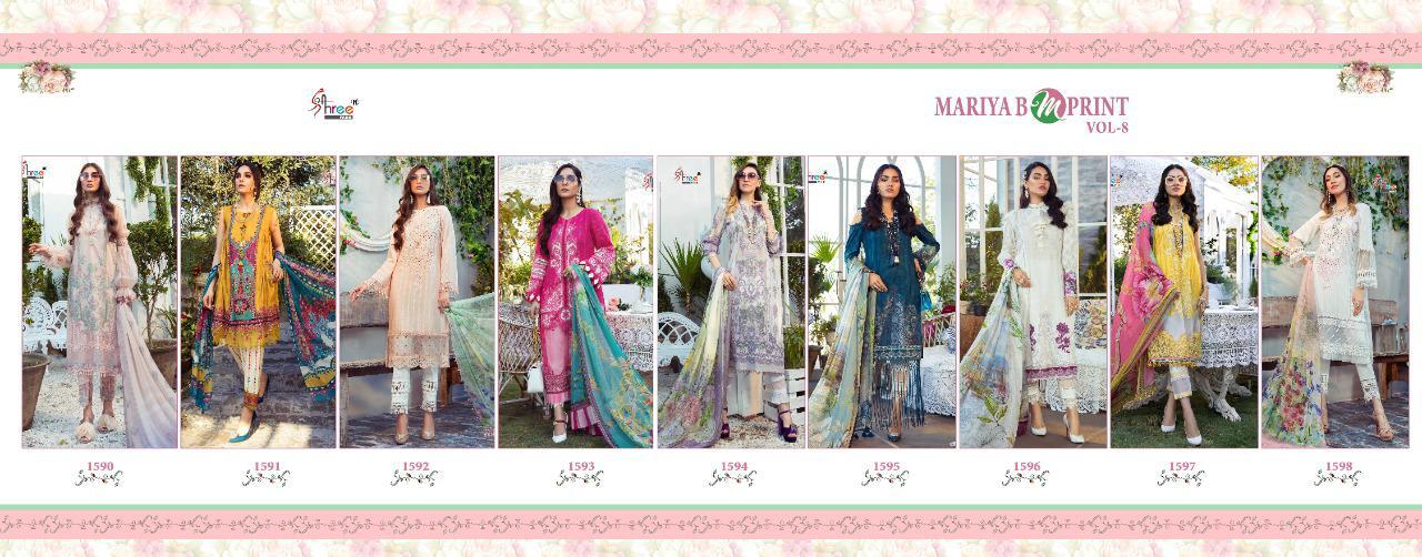 shree fab mariya b m print vol 8 pure cambric lawn attrective colours and print siffon dupatta salwar suit catalog