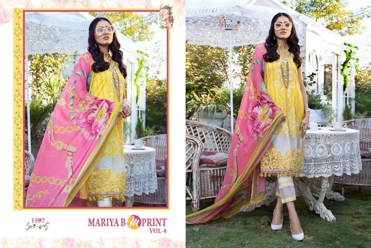 shree fab mariya b m print vol 8 pure cambric lawn attrective colours and print siffon dupatta salwar suit catalog