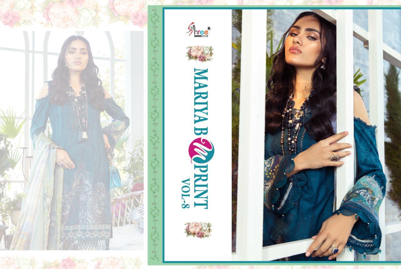 shree fab mariya b m print vol 8 pure cambric lawn attrective colours and print siffon dupatta salwar suit catalog