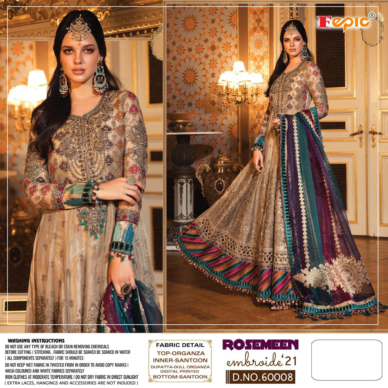 fepic rosemeen embroide 21 d no 60008 organza attractive salwar suit singal