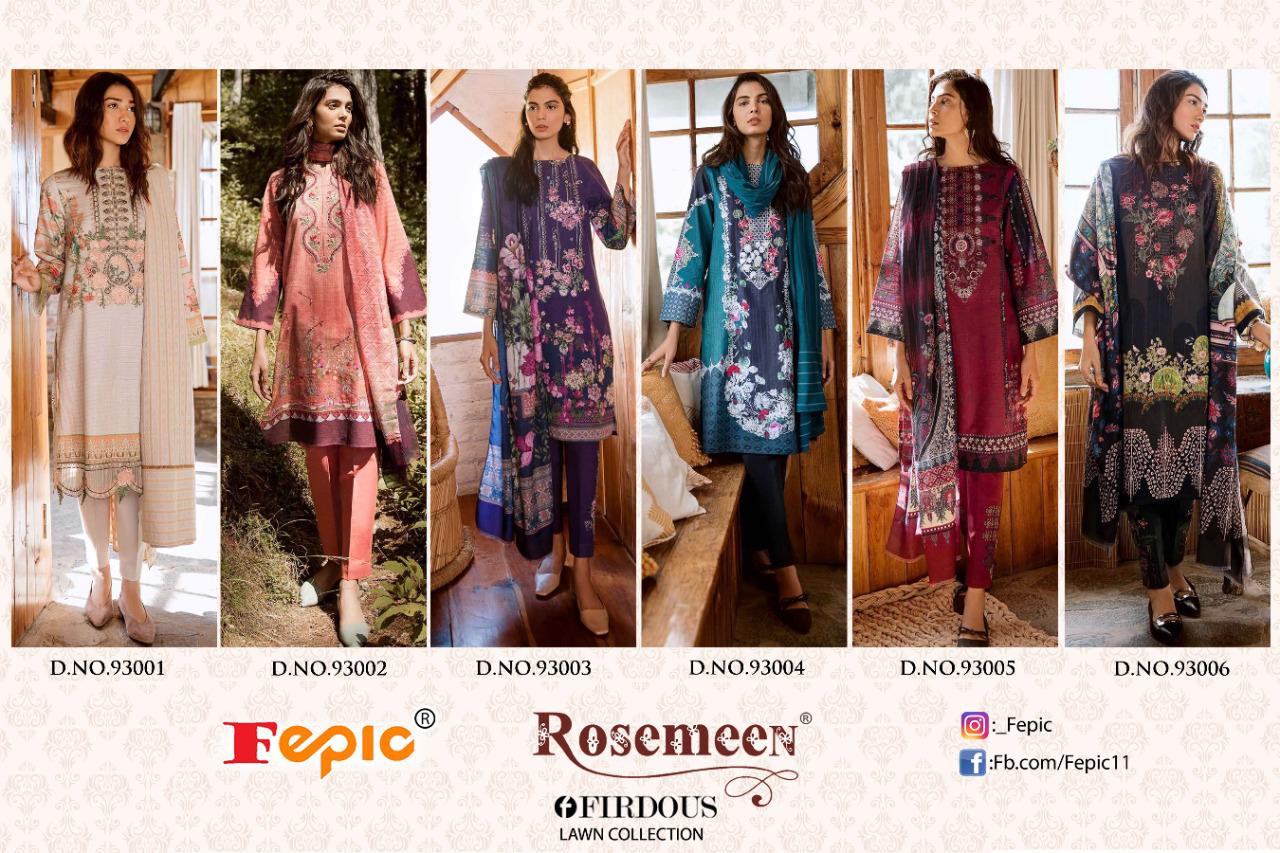 Fepic rosemeen firdous lawn collection cambric decent embroidary look  salwar suit with cotton dupatta catalog