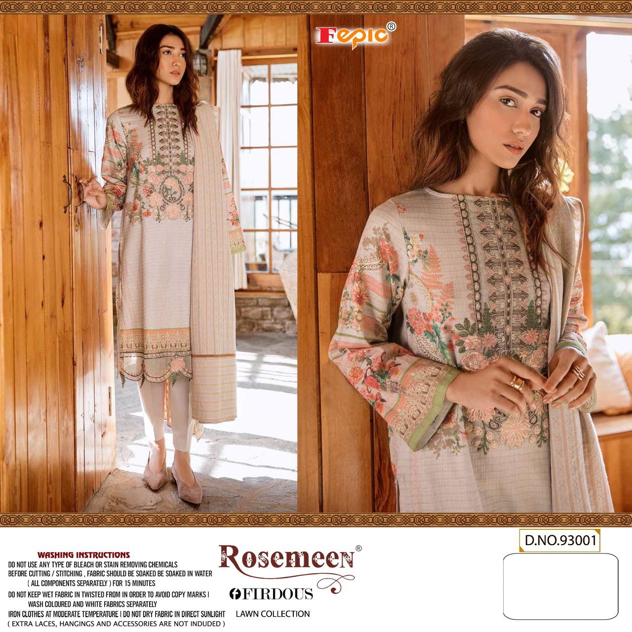 Fepic rosemeen firdous lawn collection cambric decent embroidary look  salwar suit with cotton dupatta catalog