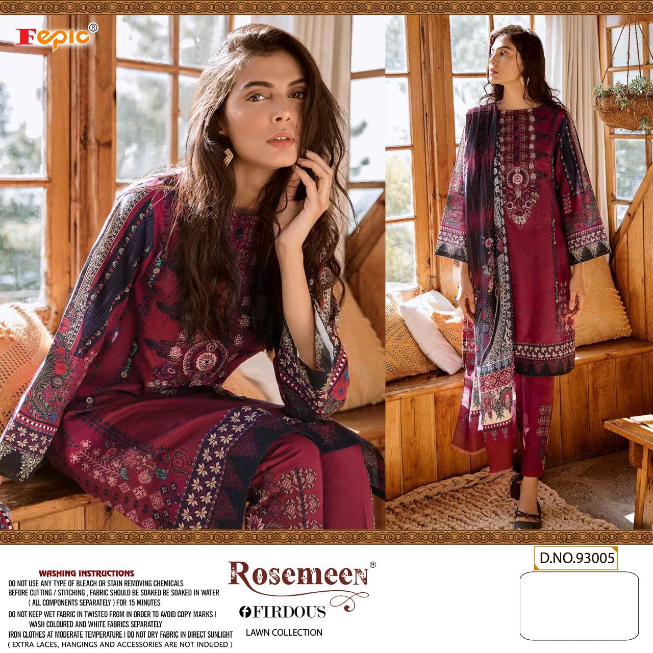 Fepic rosemeen firdous lawn collection cambric decent embroidary look  salwar suit with cotton dupatta catalog