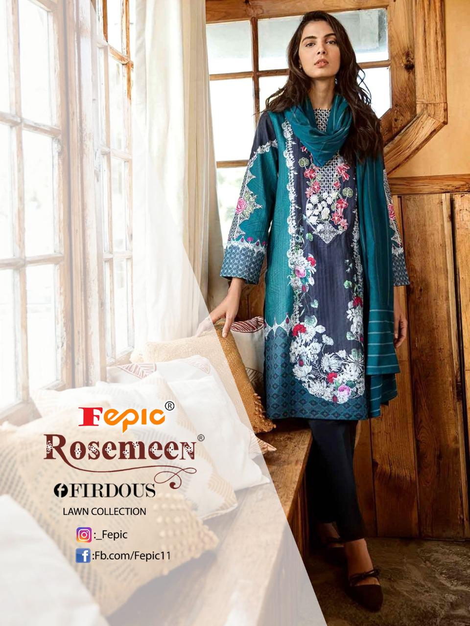 Fepic rosemeen firdous lawn collection cambric decent embroidary look  salwar suit with cotton dupatta catalog