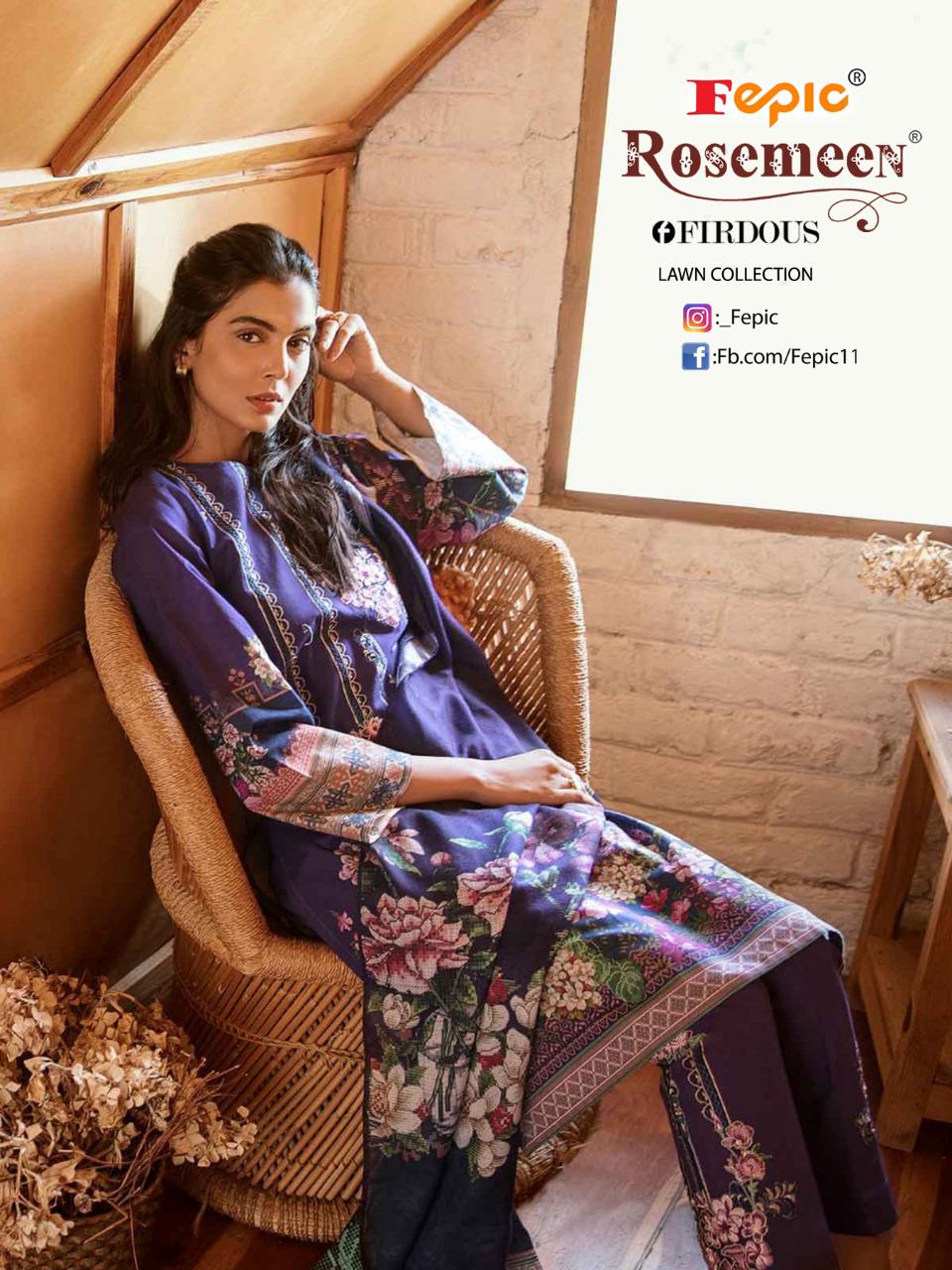 Fepic rosemeen firdous lawn collection cambric decent embroidary look  salwar suit with cotton dupatta catalog