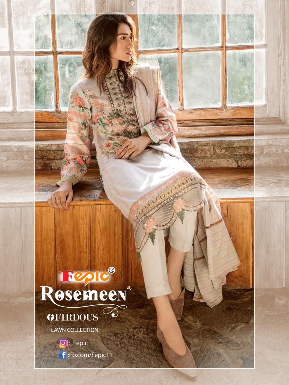 Fepic rosemeen firdous lawn collection cambric decent embroidary look  salwar suit with cotton dupatta catalog