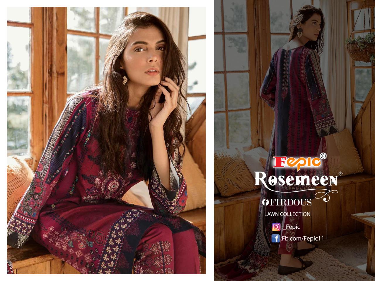 Fepic rosemeen firdous lawn collection cambric decent embroidary look  salwar suit with cotton dupatta catalog