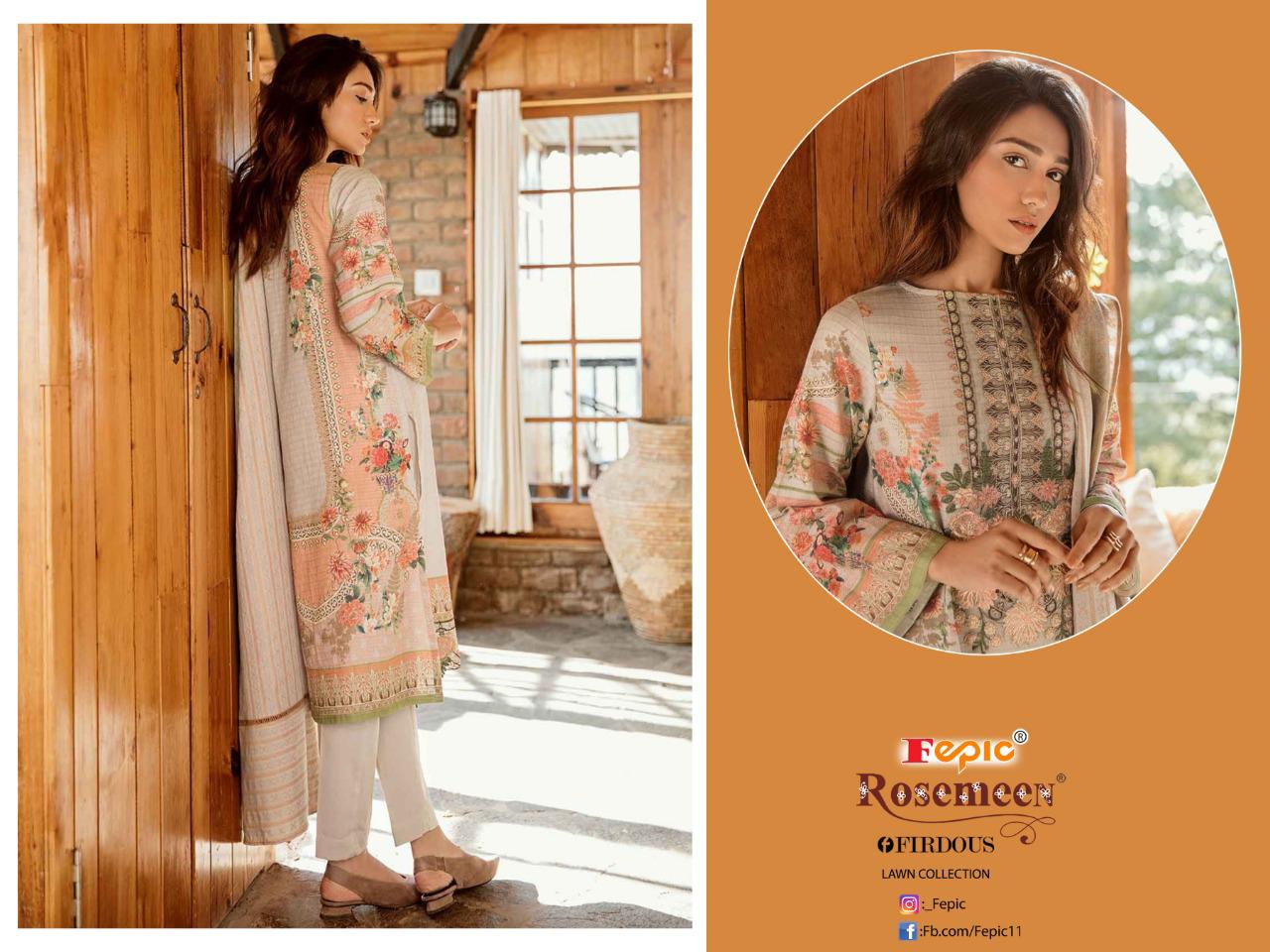 Fepic rosemeen firdous lawn collection cambric decent embroidary look  salwar suit with cotton dupatta catalog