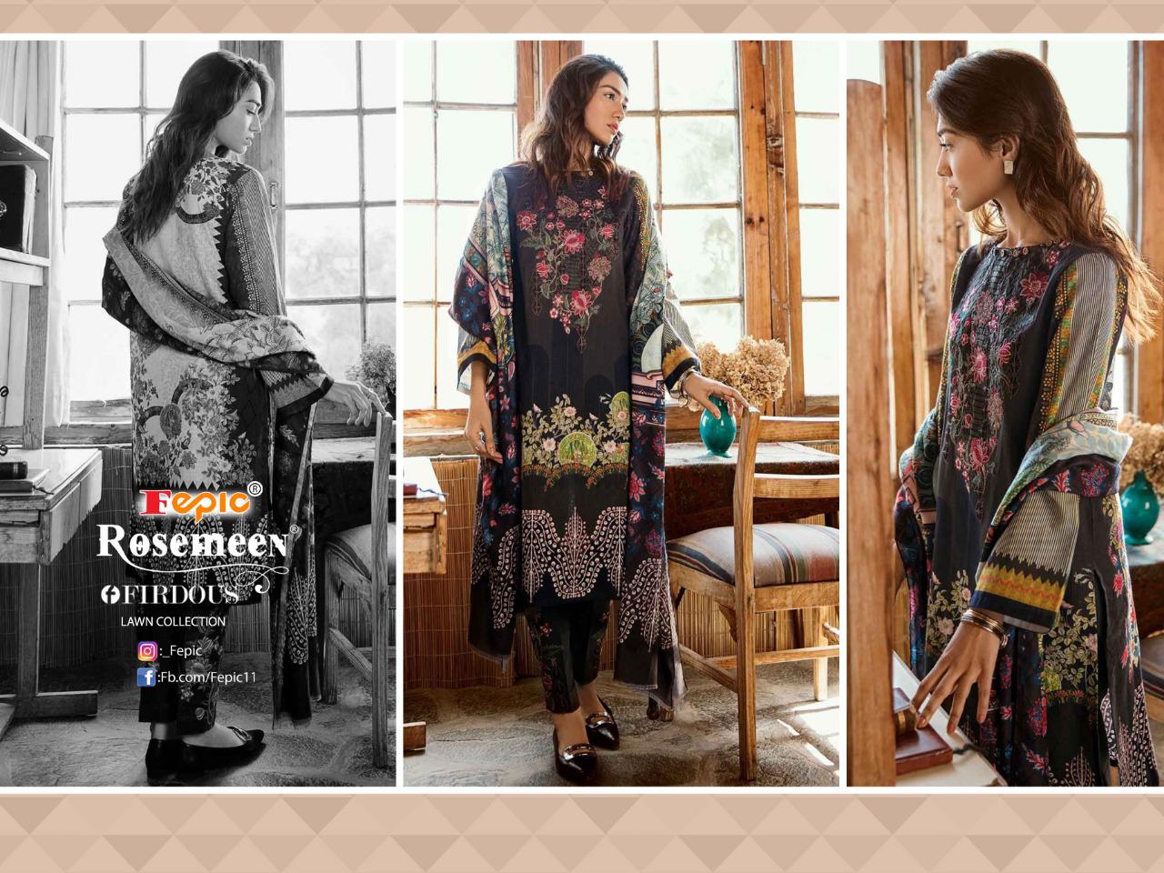 Fepic rosemeen firdous lawn collection cambric decent embroidary look  salwar suit with cotton dupatta catalog