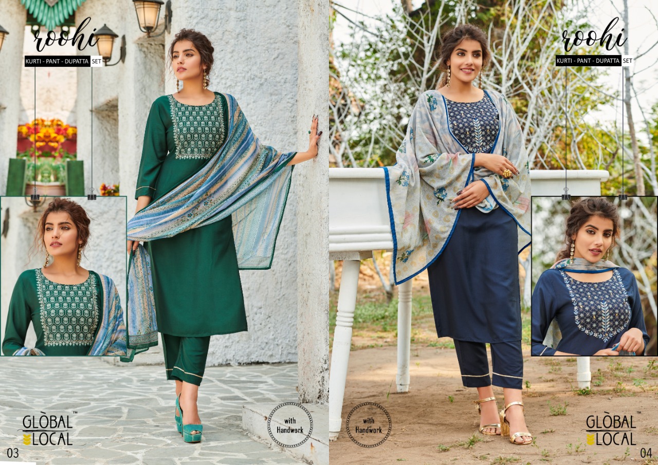 global local roohi muslin elegant kurti with pant and dupatta catalog