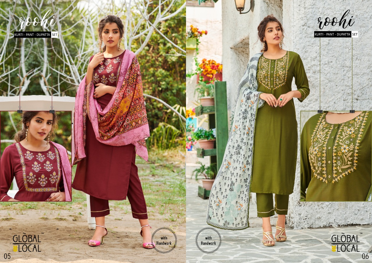 global local roohi muslin elegant kurti with pant and dupatta catalog