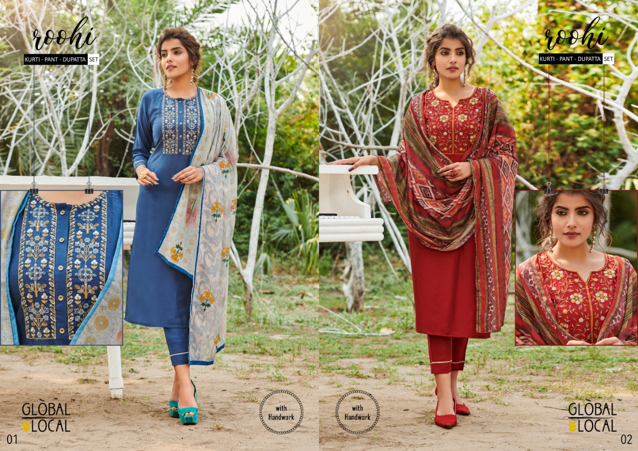 global local roohi muslin elegant kurti with pant and dupatta catalog