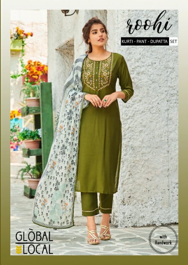 global local roohi muslin elegant kurti with pant and dupatta catalog