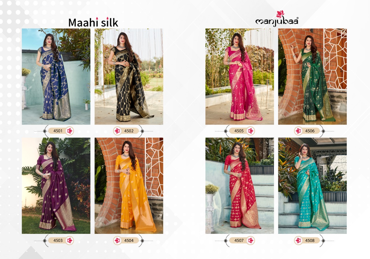 manjubaa clothing maahi silk series 4501 to 4508 elegant saree catalog