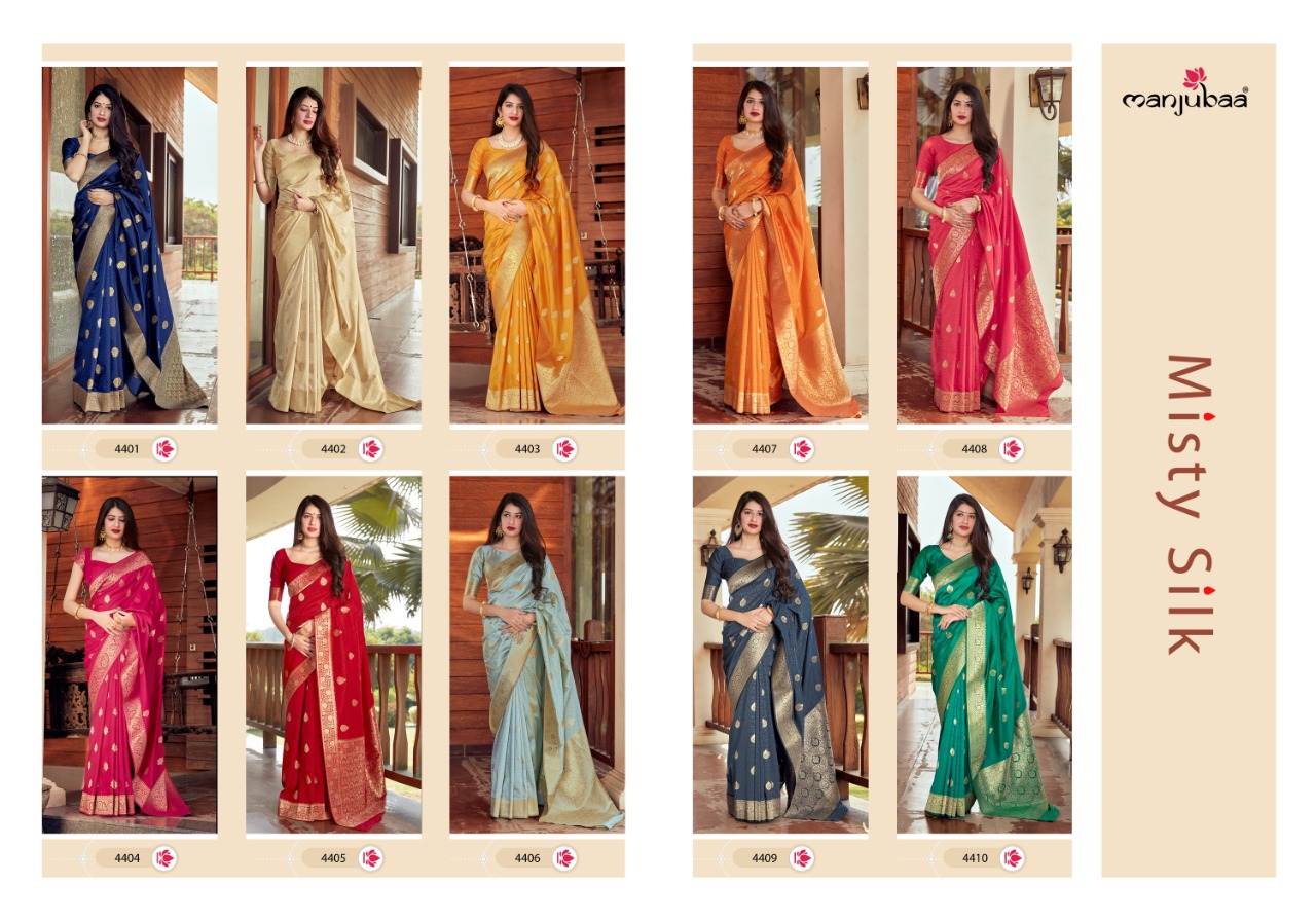 manjubaa clothing misty silk series 4401 to 4410 elegant saree catalog