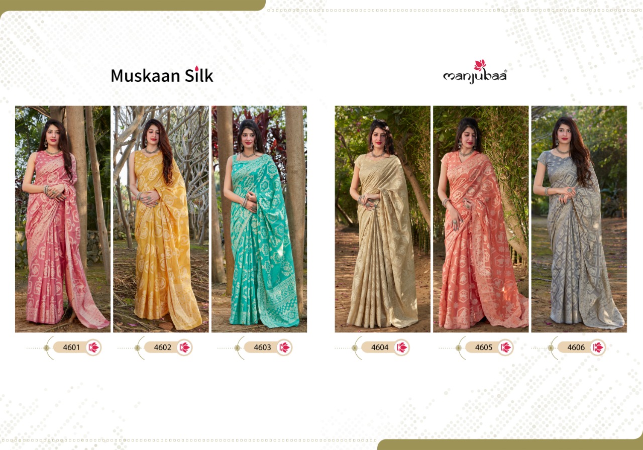 manjubaa clothing muskaan silk series 4601 to 4606 saree catalog